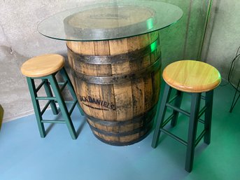 Jack Daniels Whiskey Barrel And Two Stools