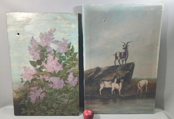 Antique Oil Paintings Of Goats & Flowers