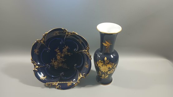 Cobalt Blue Von Henneberg Porcelain Vase And Platter Germany Ca 1960