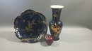 Cobalt Blue Von Henneberg Porcelain Vase And Platter Germany Ca 1960