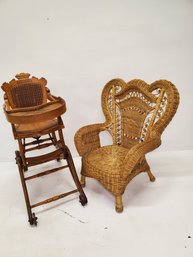 Antique Wicker Child's Chair And Victorian Transformer Child's Chair