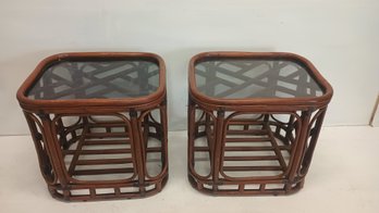 Pair Of 1970's Bamboo Glas Topped Side Tables