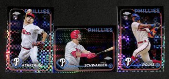 2024 Topps Chrome:  Orion Kerkkering {RC-Refractor}, Kyle Schwarber {Prizm} & Johan Rojas {RC-Refractor}