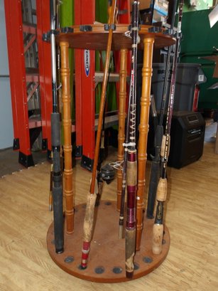 Wood Fishing Pole Holder With Variety Of Fishing Poles, Pro Staff & More