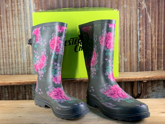 Western Chief, Waterproof Rain Boots, Charcoal, Floral Home, Size 11, NIB