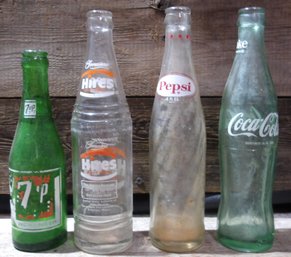 Vintage Glass Soda Bottles, 7Up, Pepsi, Coca-Cola, & Hires Root Beer, QTY 4