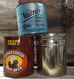 Vintage Draft Style, Barrelhead Root Beer Cooler, 1952 Nutrine Tin, & Other, QTY 3