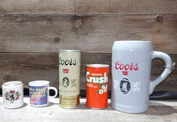 Vintage Collectible Soda/beer Cans, Coors Mug & Two Smaller Mugs, QTY 5