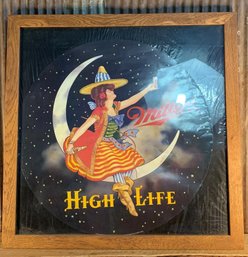 1982 Miller High Life Tin, Girl On Moon, Chickasaw Brand Wood Frame