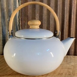 Vintage Enamelware Teapot, White With Wood Handles