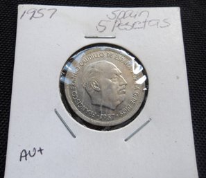 1957 Spain 5 Pesetas Coin, In Coin Holder