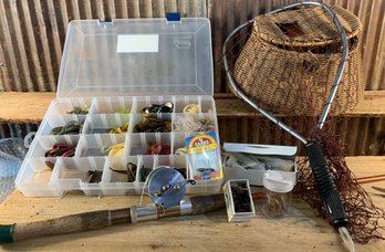 Nice Fishing Bundle, Flies, Lures, Bobbers, Net, Rod & Reel, Wicker Creel