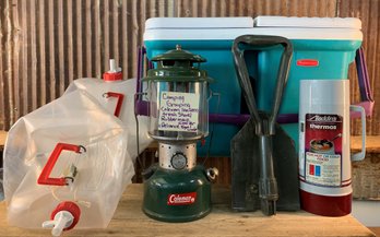 Camping Bundle, Coleman Lantern, Trench Shovel, Rubbermaid Cooler, 2 Reliance 5gal Water Jugs