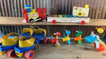 Vintage 1960's Fisher Price Toys, Camera, Circus Train, Duck Toy, Shoe Fit Roller Blades, & Pull-A-Tune