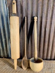 Wooden Kitchen Utensils. Rolling Pin, Ladle And Spoon