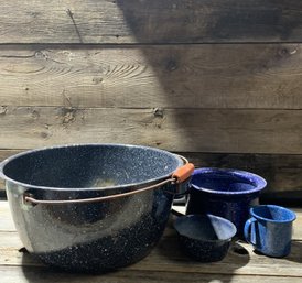 Vintage Enamelware, Stock Pot, Bowl, & More, QTY 4