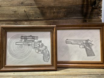 Vintage Framed Drawings, Pistols, Colt & Grand Master Deluxe