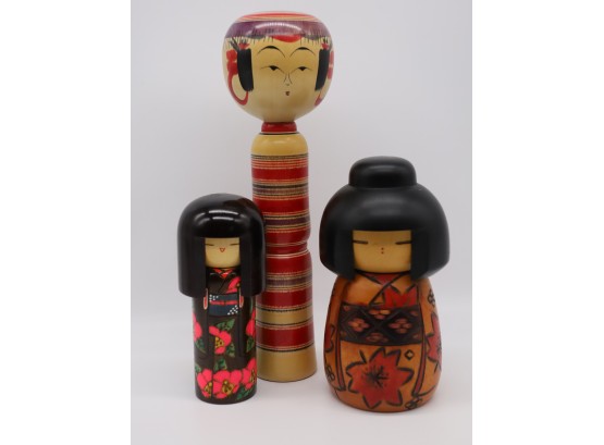 Beautiful Japanese Trio Famous Kokeshi Dolls, Hand-Painted-SHIPPABLE