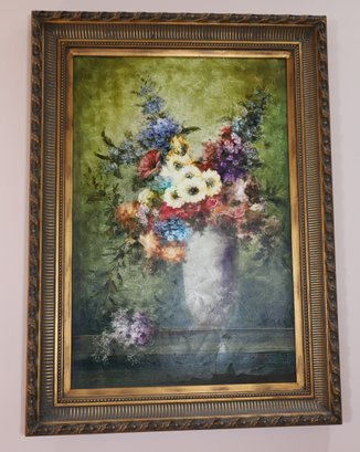LARGE CONTEMPORARY FLOWERS WITH VASE STILL LIFE -Signed