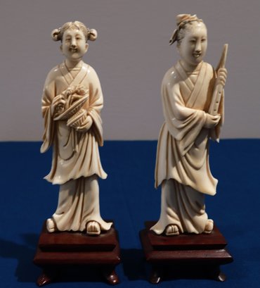 PAIR OF VINTAGE BONE CARVED CHINESE FIGURES ONSTANDS- SHIPPABLE
