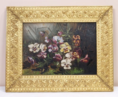 ORIGINAL Vintage OIL PAINTING OF PANSIES FRAMED-SHIPPABLE