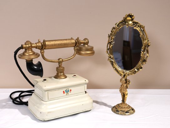 Antique French Phone & Vintage Standing Mirror -SHIPPABLE