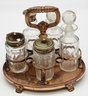 Antique Glass Caddy Oil, Vinegar Cruets, Salt, Pepper & Silver Plate Shell Dishes-shippable
