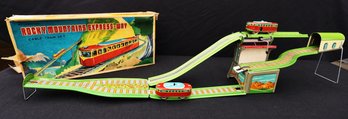 Vintage ROCKY MOUNTAIN EXPRESS-WAY Cable Train Wind Up Tin Toy