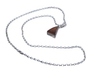 Artisan STERLING Silver Necklace With Triangular Amber Pendant  With Two Addition Sterling Chains