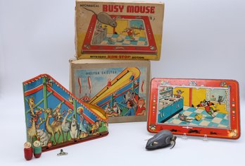 Mechanical Busy Mouse Litho Tin Toy & Helter Skelter German Litho Toy