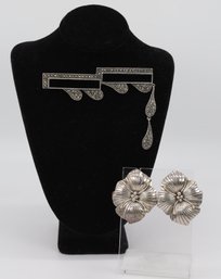 Judith Jack Art Deco Black Onyx Marcasite  Brooch &  Carol Felley Sterling Flower Earrings