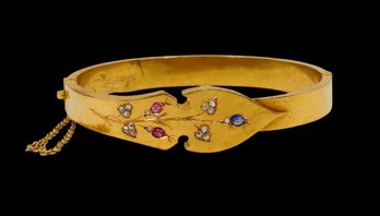 Victorian 14kt GOLD Bangle Bracelet With Diamonds Sapphires & Ruby-14.7 Grams