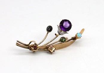 GOLD Antique Floral Pin With Gemstones - 12.4 Grams