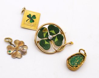 Four  Yellow GOLD Charms Pendants With Clovers