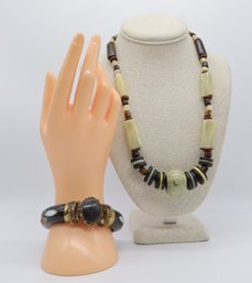 Vintage Carved Bone & Stone  Bead Choker And Bracelet