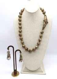 VINTAGE Brass Necklace With 3 Tier Screwback Earrings Set