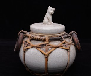 Vintage  Chinese Covered Bowl With Cat On Top-SHIPPABLE
