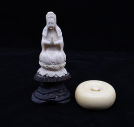 Carved Quan Yin, Goddess Of Mercy And A Bone Disc -SHIPPABLE
