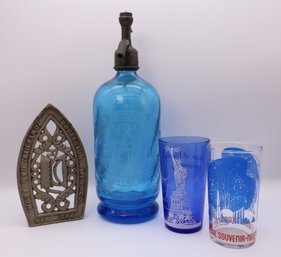 Vintage Seltzer Bottle, Worlds Fair ,statue Of Liberty And Fun Iron Base