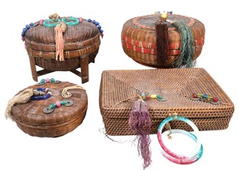4 Beautifully Woven Chinese  Baskets/sewing With Decorations