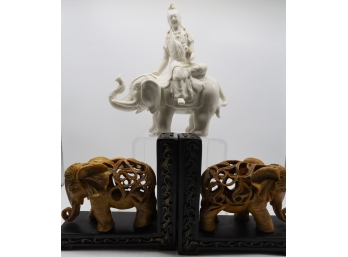 Pair Of Ceylon Elephants Ends  & Buddha On Elephant Statue-SHIPPABLE