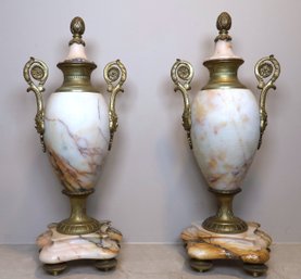Pair French 19th Century Bronze And Marble Covered Urns-SHIPPABLE