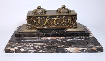 Large And Pretty Black And White Marble And Bronze Inkwell