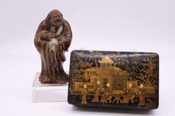 ASIAN FIGURE AND LACQUER PAINTED BOX-SHIPPABLE