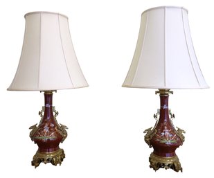 Set Of Burgundy Porcelain Lamps   Featuring Griffin Head Handles