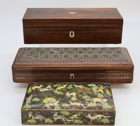3 Wooden And Lacquer Antique Boxes