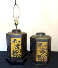 Pair Of 19th C Tea Cannisters - Tole With Decorative Art All Around With All Different Colors.