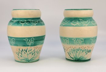 Pair Of Vintage French Vases With Birds And Flowers In Green And Cream White. Signed On Base.