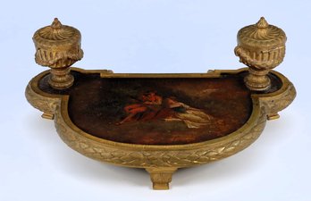 Vintage Bronze French Gilded Inkwell With A Charming Scene