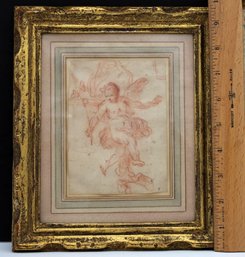17th C. Original Red Chalk On Paper Angel With Flowers